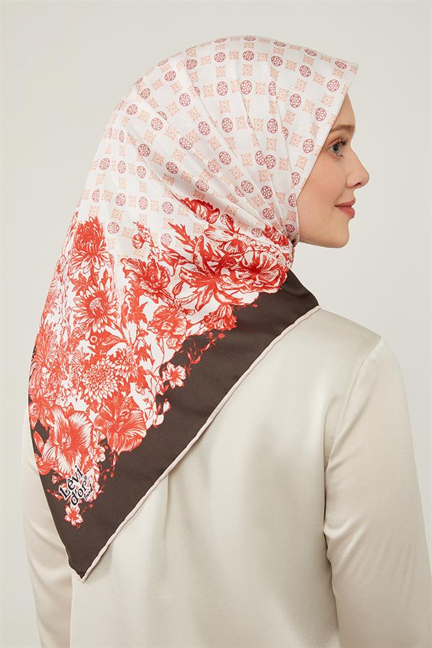 Kırmızı Nostaljik Desen Trend Twill Eşarp