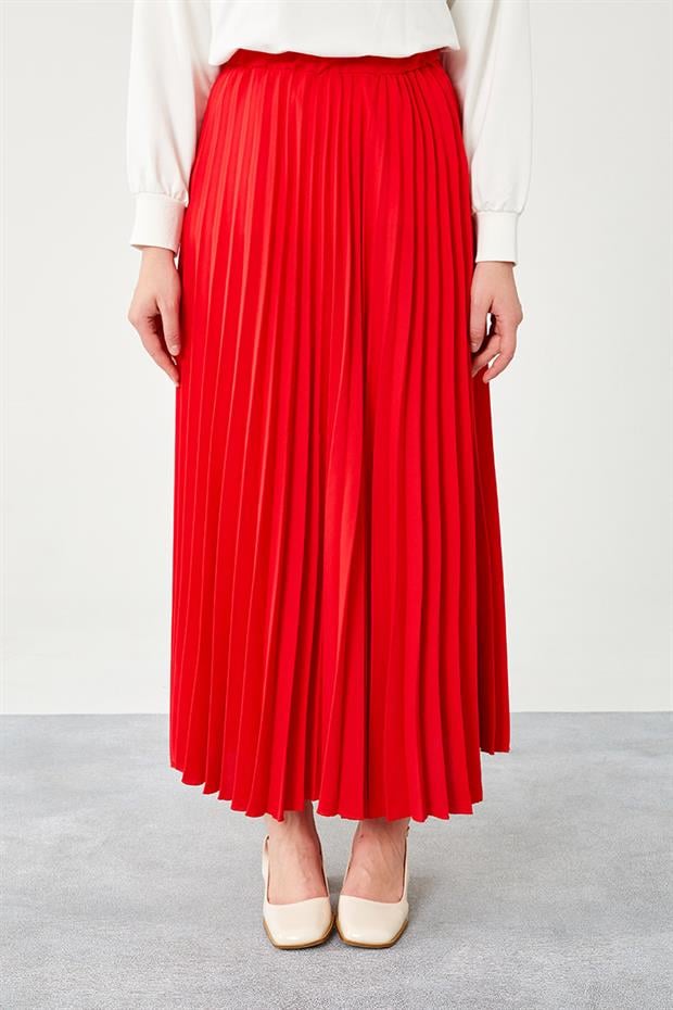 Kırmızı Pliseli Beli Lastikli Etek