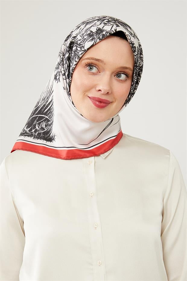 Kırmızı Sazlık Desen Trend Twill Eşarp