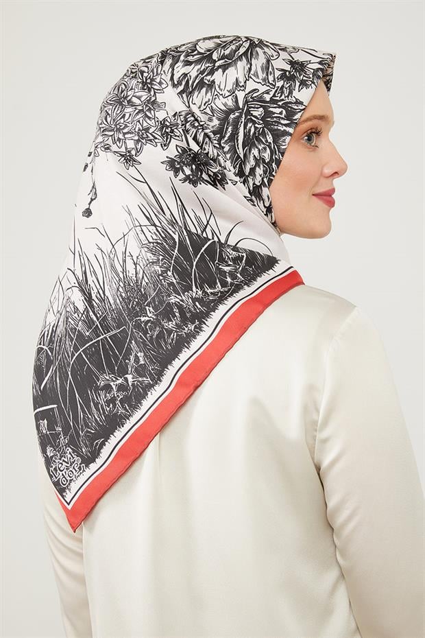 Kırmızı Sazlık Desen Trend Twill Eşarp