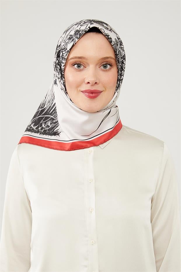 Kırmızı Sazlık Desen Trend Twill Eşarp