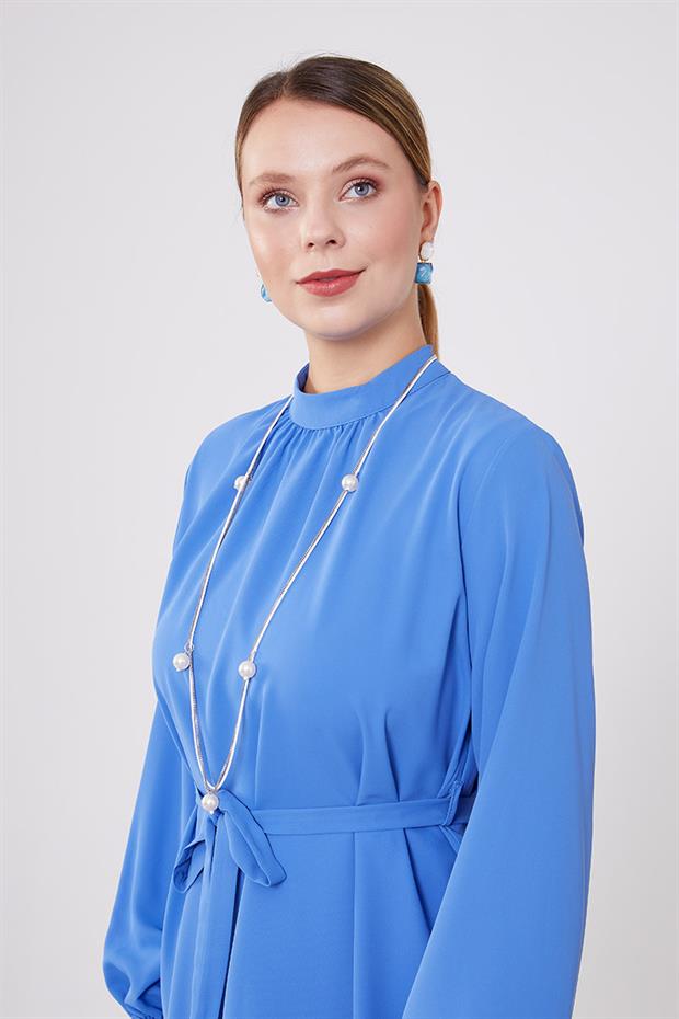 İndigo-Siyah Kolye Detaylı Şifon Tunik Takım