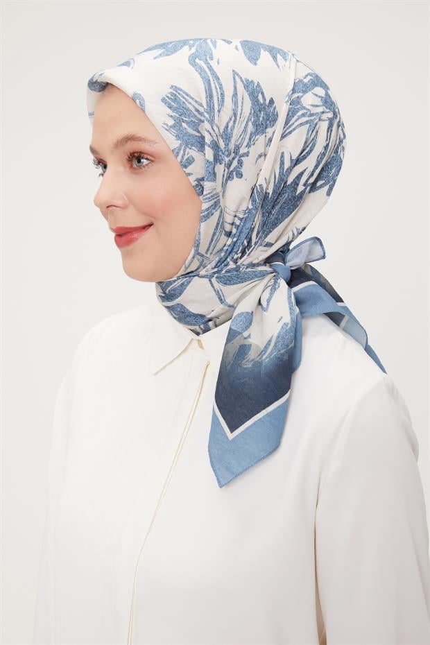 Kot Mavi Çiçek Soyut Desen Modal İpek Eşarp