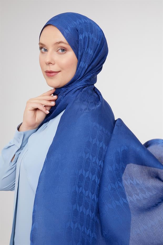 Kot Mavi Geometrik Desen Jakarlı Janjan Şal