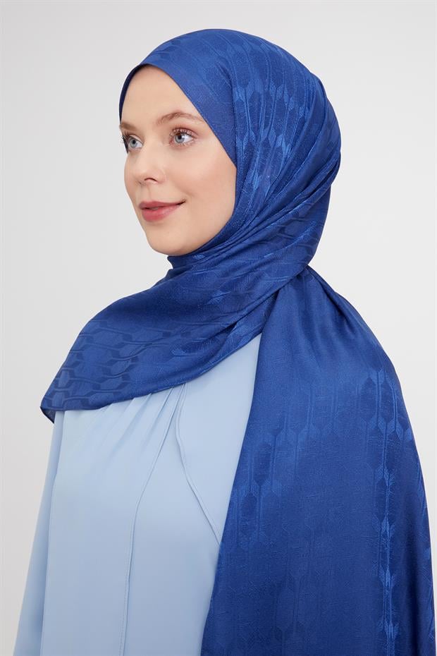 Kot Mavi Geometrik Desen Jakarlı Janjan Şal