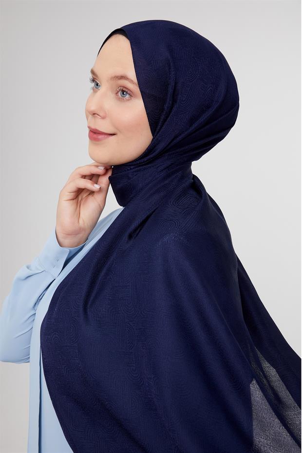 Koyu Lacivert Hologram Desen Jakarlı Janjan Şal