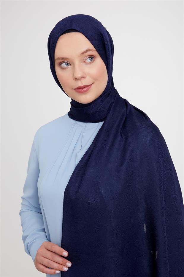 Koyu Lacivert Hologram Desen Jakarlı Janjan Şal