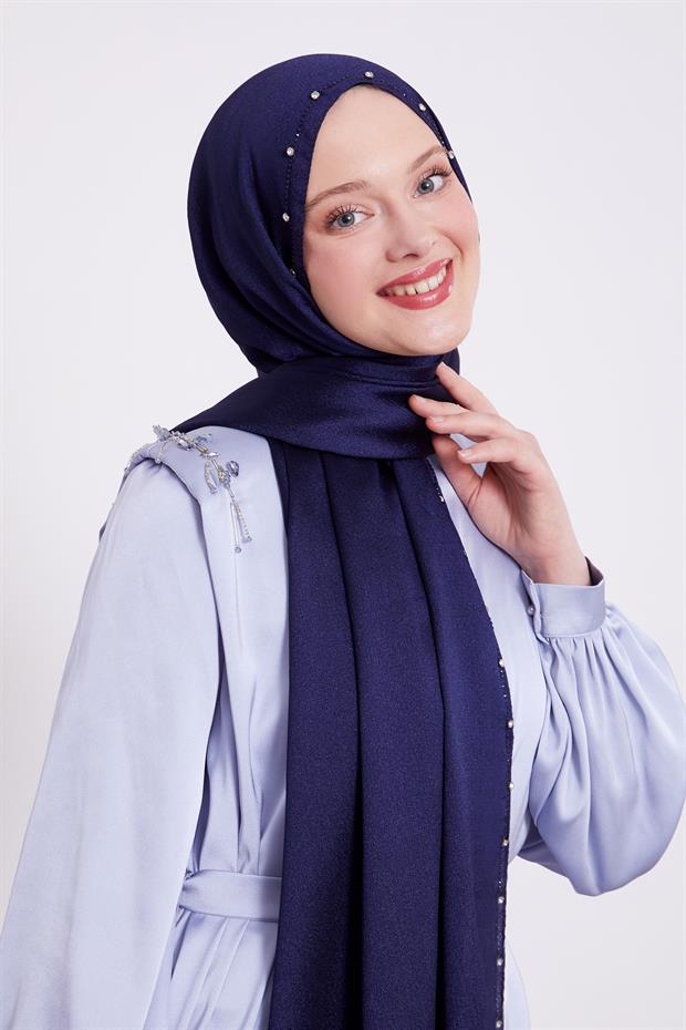 Koyu Lacivert Tek Taşlı Diamond Şal