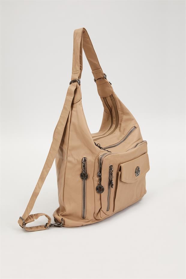 Krem Çok Cepli Omuz Çantası