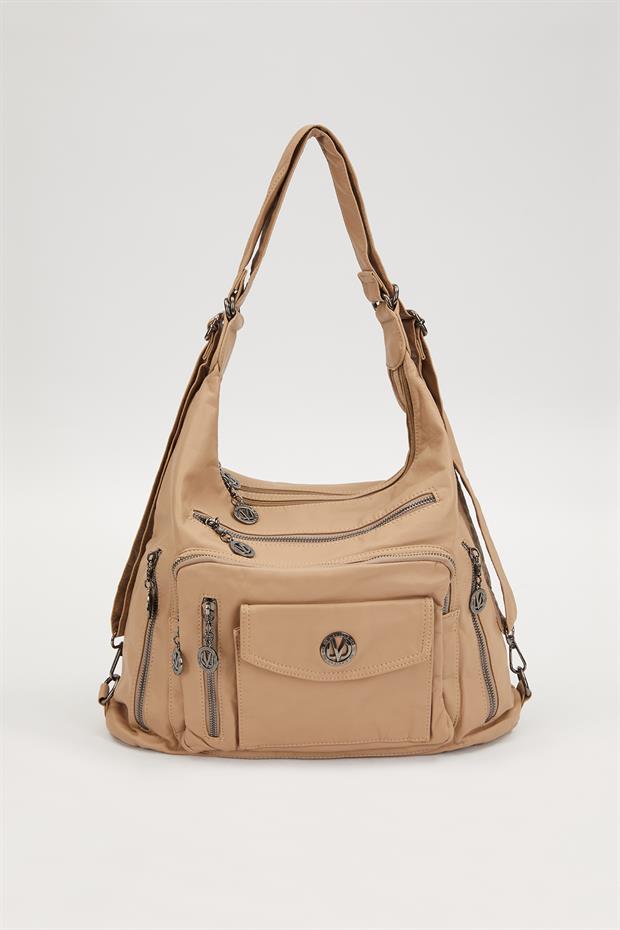 Krem Çok Cepli Omuz Çantası