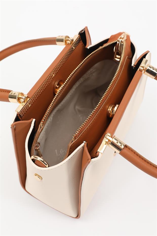 Krem - Camel Metal Şerit Detaylı El Çantası