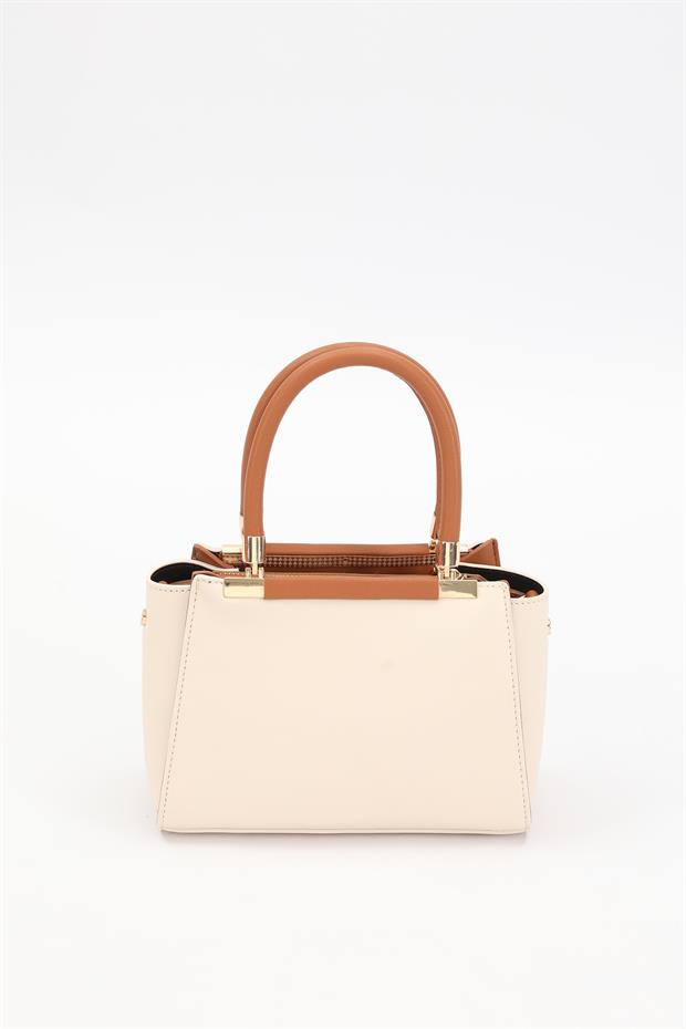 Krem - Camel Metal Şerit Detaylı El Çantası