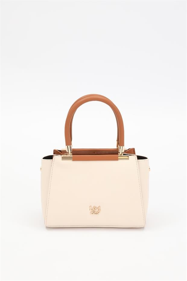Krem - Camel Metal Şerit Detaylı El Çantası