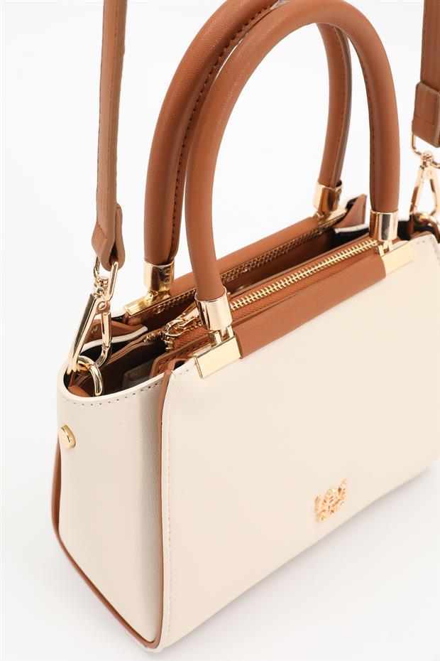 Krem - Camel Metal Şerit Detaylı El Çantası