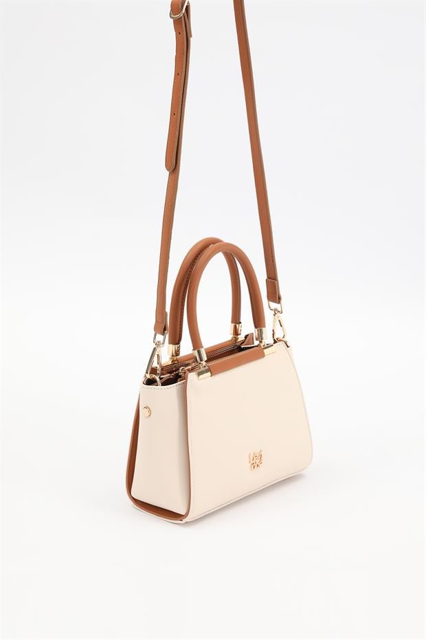 Krem - Camel Metal Şerit Detaylı El Çantası