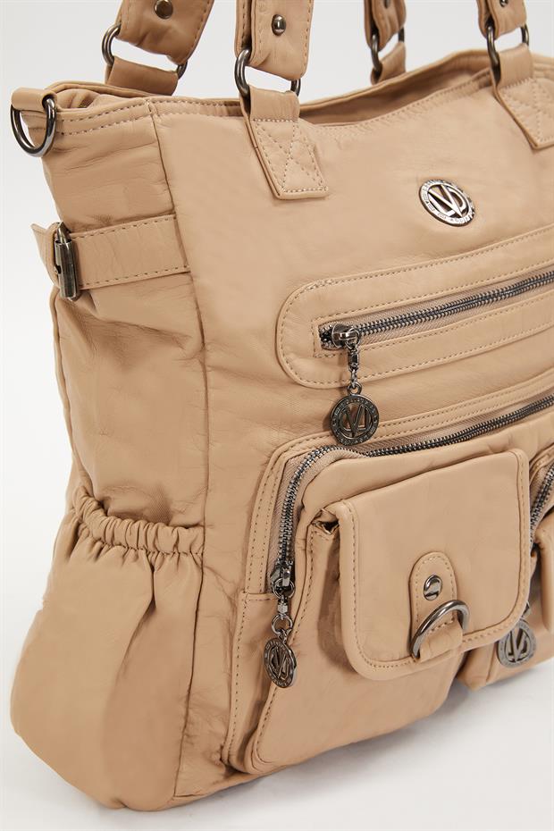 Krem Çepçik Detaylı Omuz Çantası