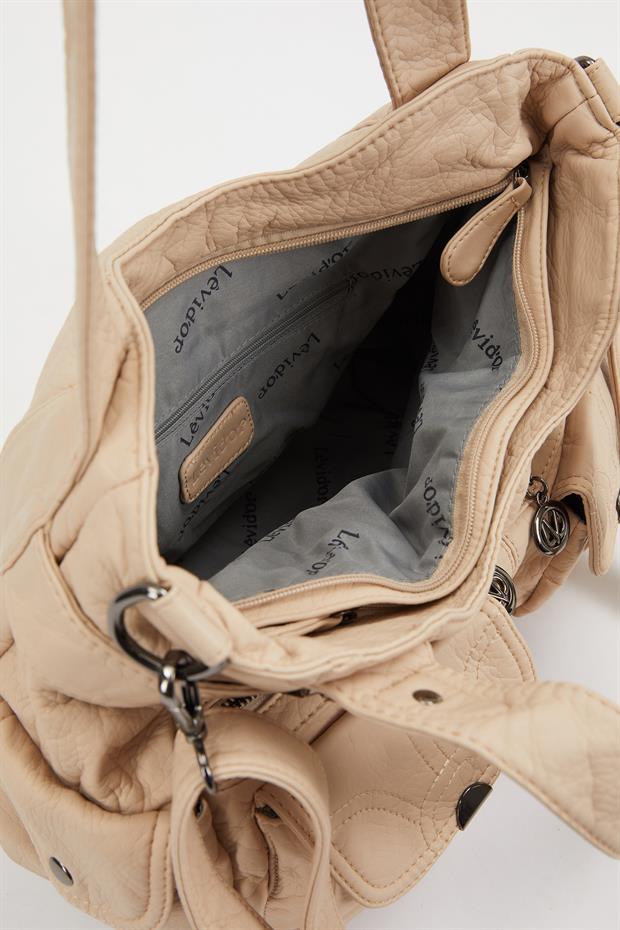 Krem Çift Ön Cepli Omuz Çantası