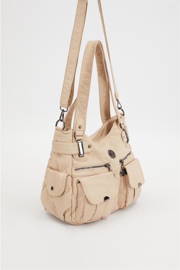 Krem Çift Ön Cepli Omuz Çantası