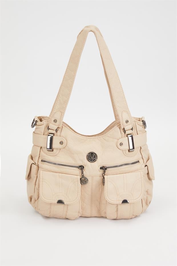 Krem Çift Ön Cepli Omuz Çantası