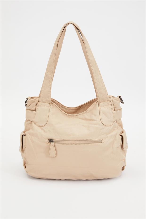 Krem Çift Ön Cepli Omuz Çantası