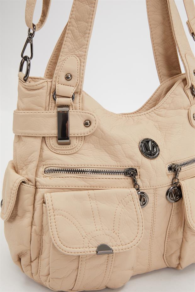 Krem Çift Ön Cepli Omuz Çantası