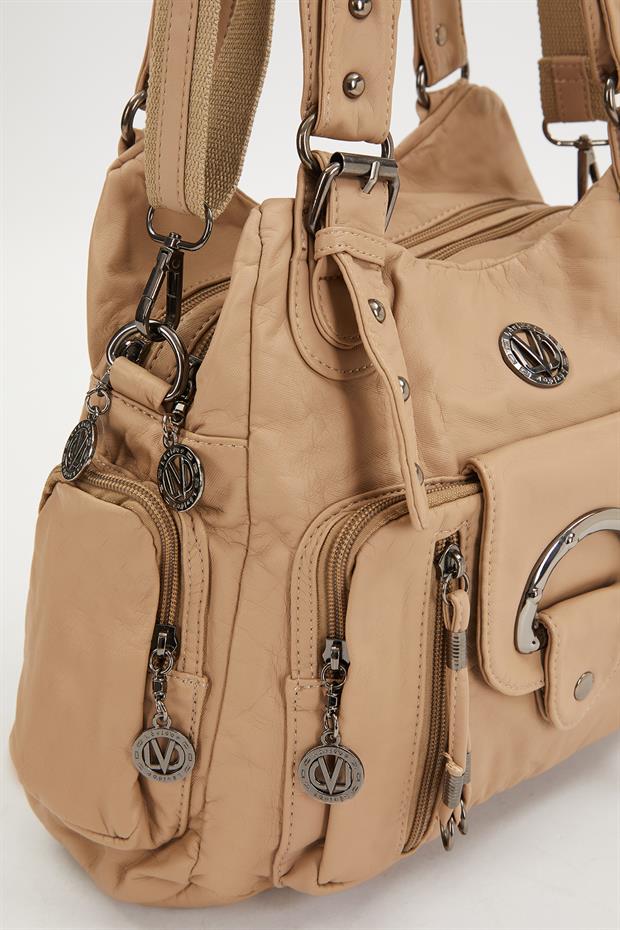 Krem Çok Gözlü Deri Omuz Çantası