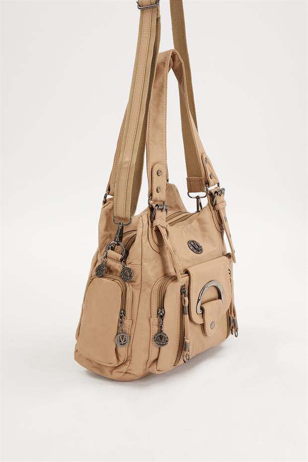 Krem Çok Gözlü Deri Omuz Çantası