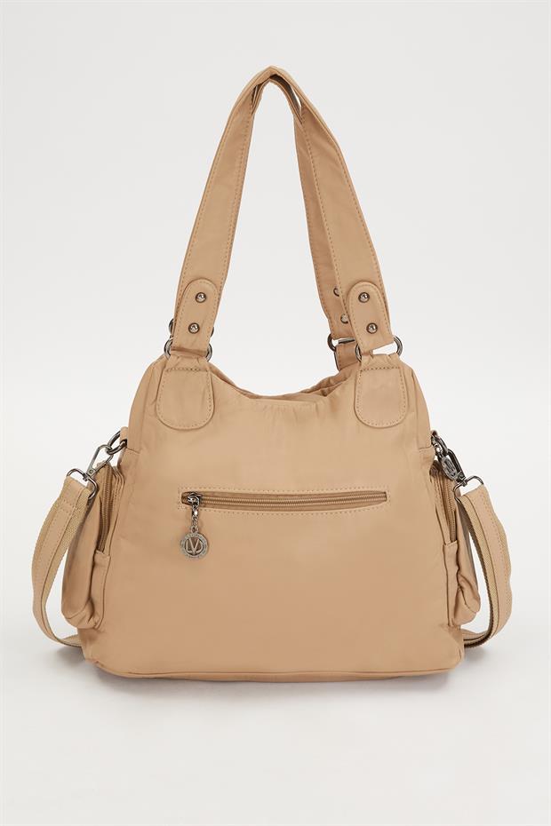 Krem Çok Gözlü Deri Omuz Çantası