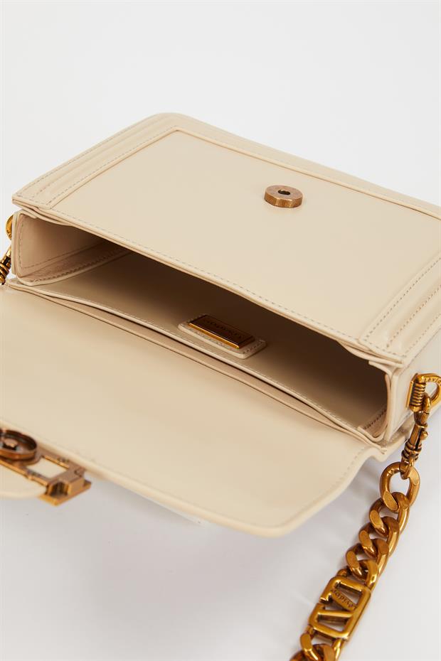 Krem Deri Zincir Askılı Omuz Çantası