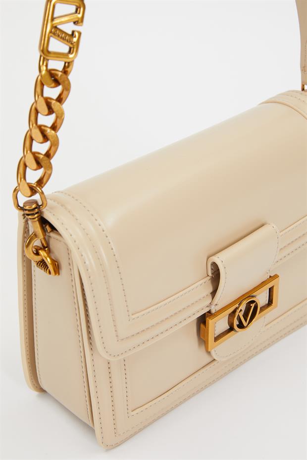 Krem Deri Zincir Askılı Omuz Çantası