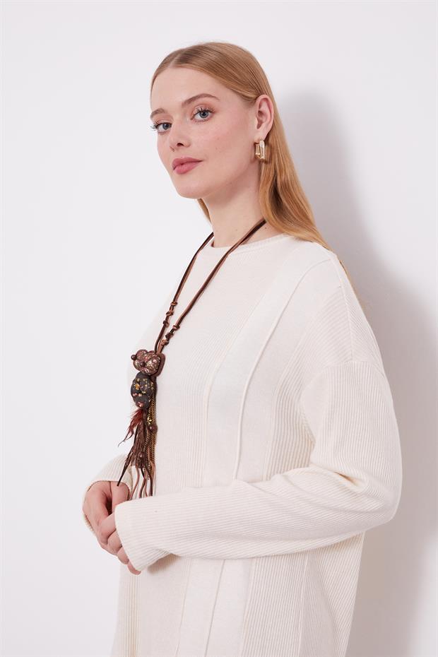 Krem Etnik Kolyeli Fitili Kaşmir Tunik