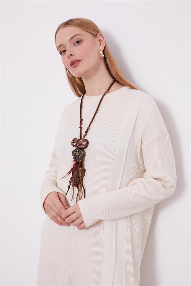 Krem Etnik Kolyeli Fitili Kaşmir Tunik