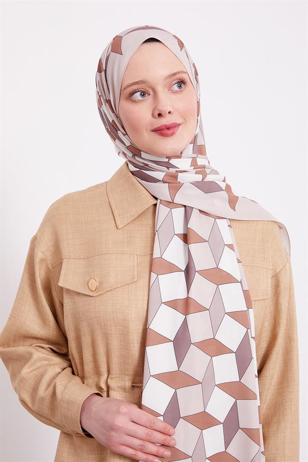 Krem Geometrik Desen Club Şal