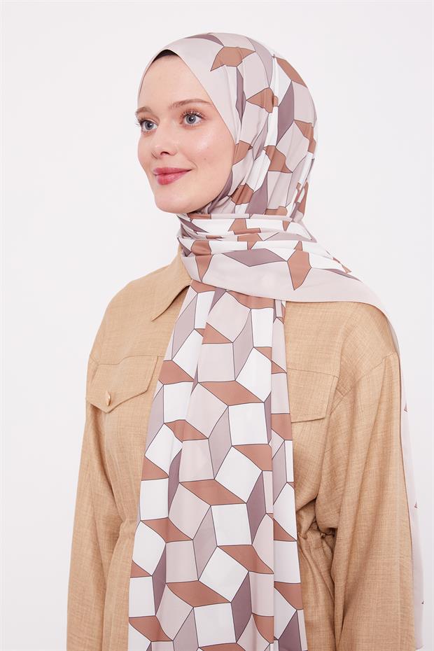 Krem Geometrik Desen Club Şal