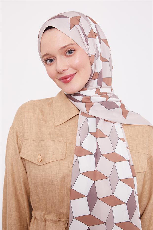 Krem Geometrik Desen Club Şal