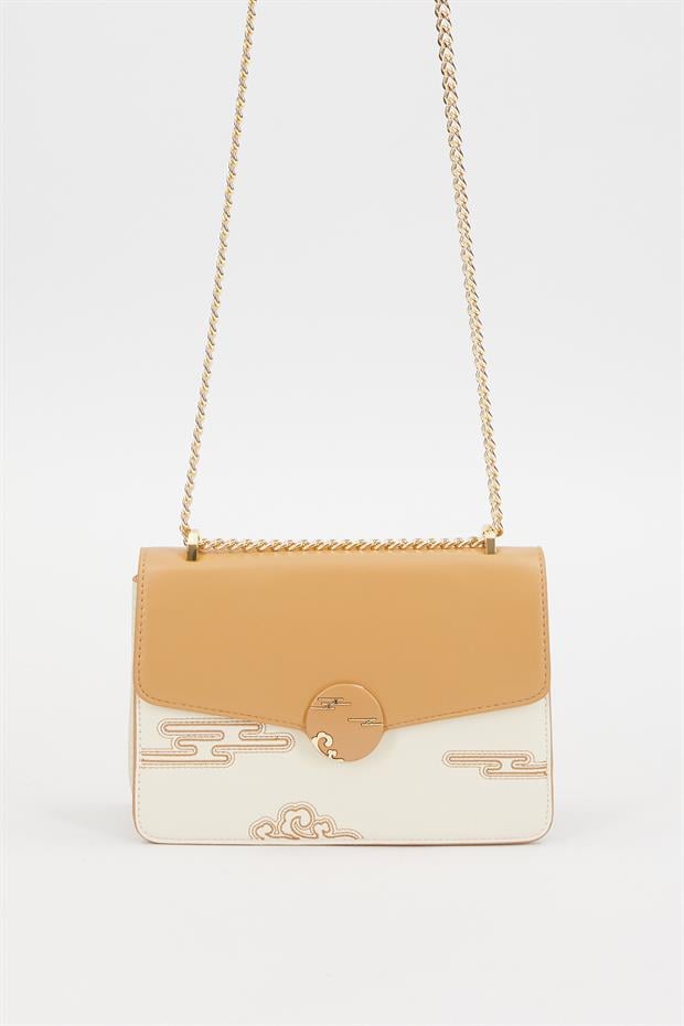 Krem Kabartma Desen Omuz Çantası