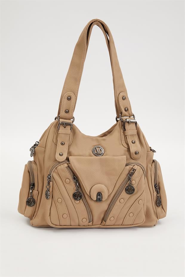 Krem Zımba Kemer Askılı Omuz Çantası