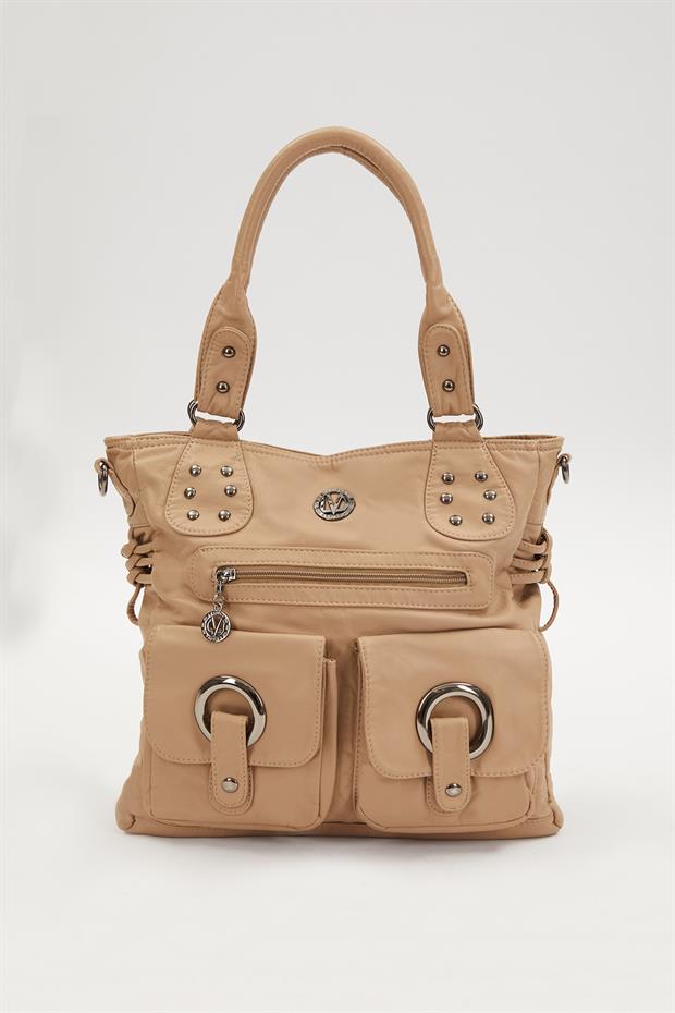 Krem Kuş Gözü Detaylı Omuz Çantası