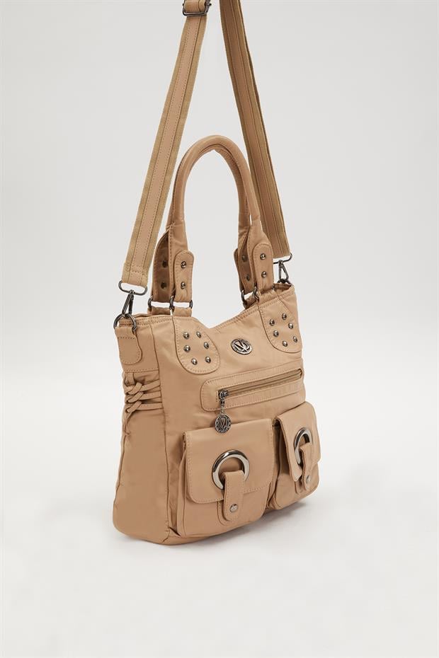 Krem Kuş Gözü Detaylı Omuz Çantası