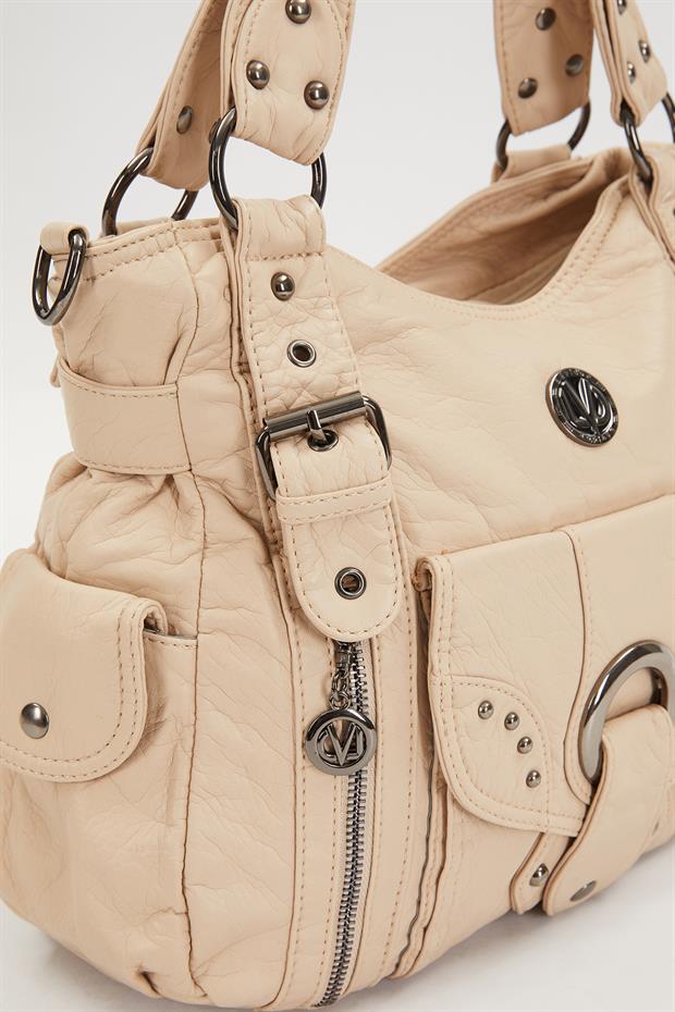 Krem Kuşgözü Detaylı Omuz Çantası