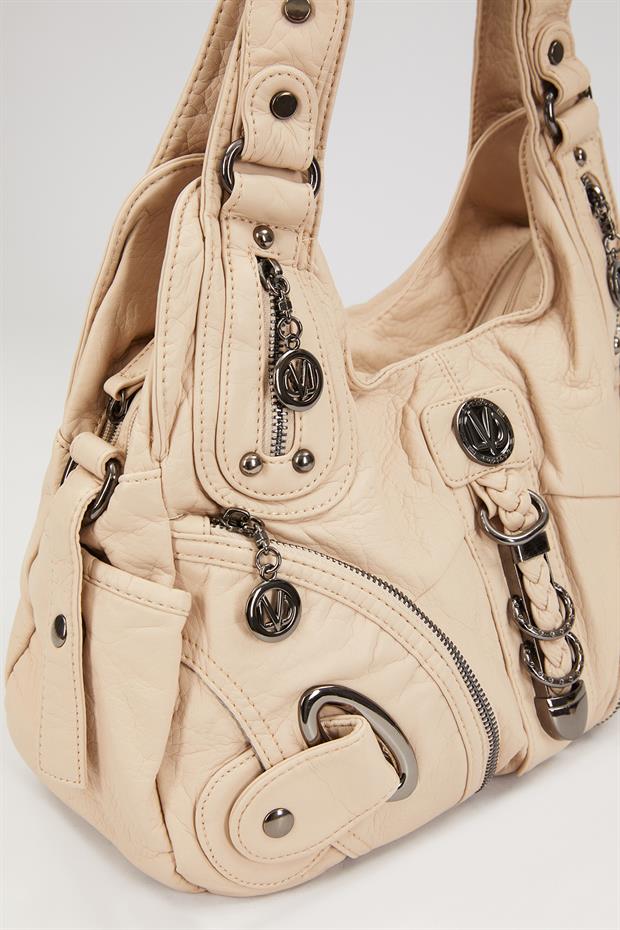 Krem Metal Detaylı Omuz Çantası