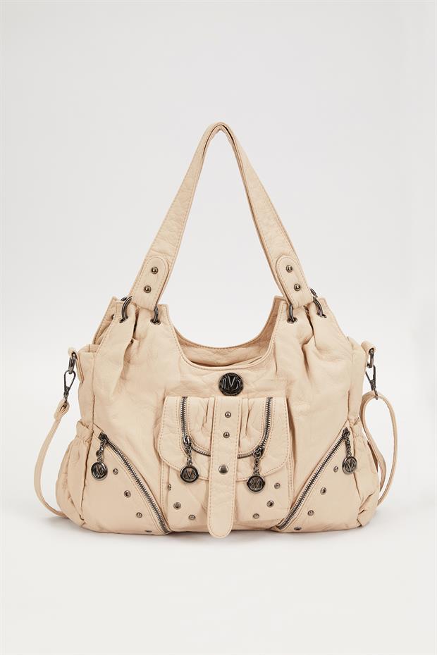 Krem Metal Zımba Detaylı Omuz Çantası