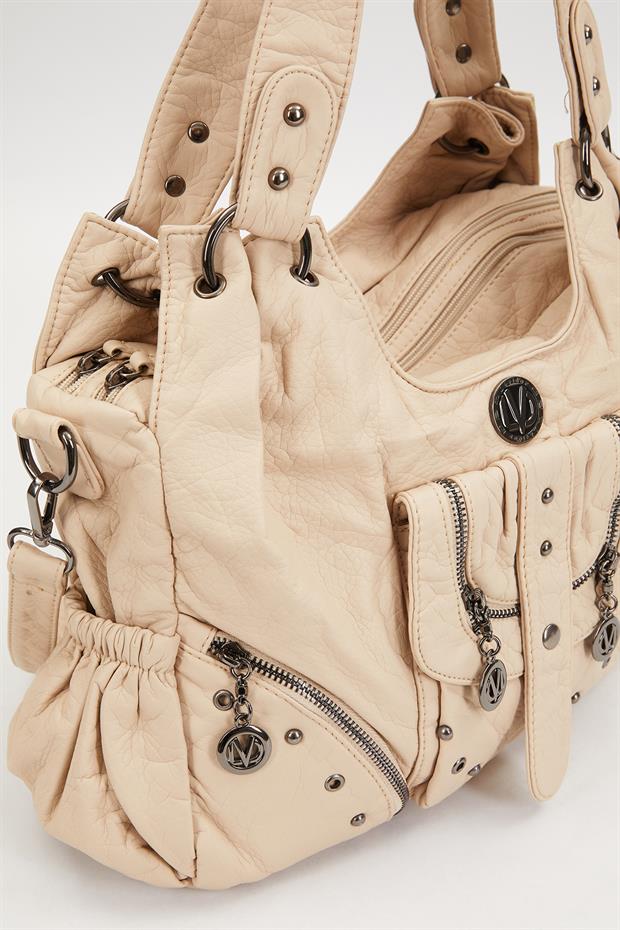 Krem Metal Zımba Detaylı Omuz Çantası