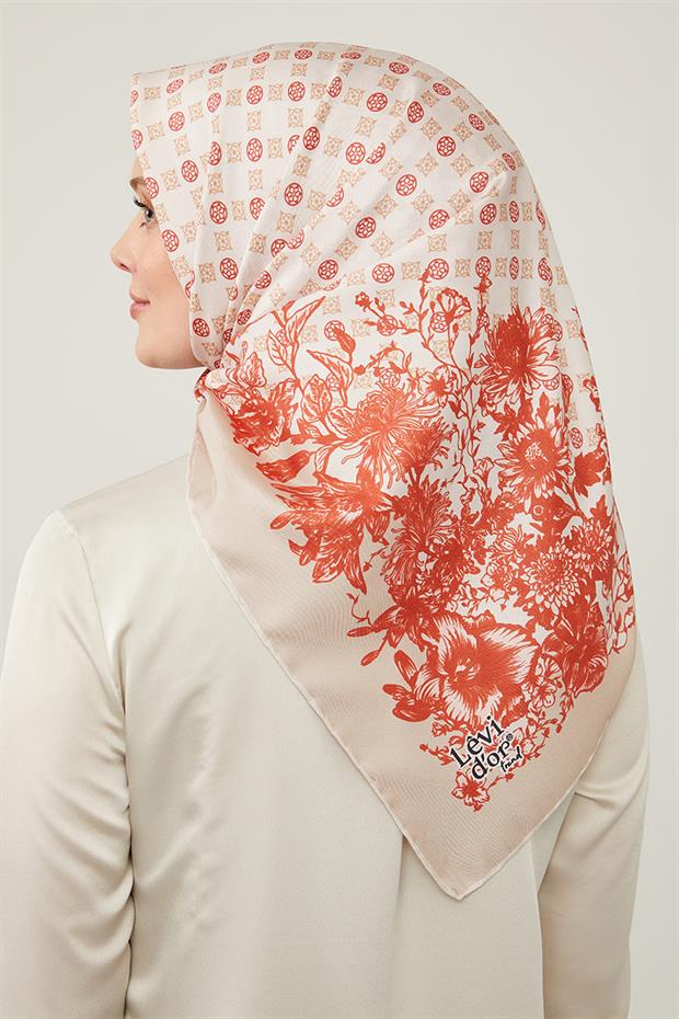 Krem Nostaljik Desen Trend Twill Eşarp