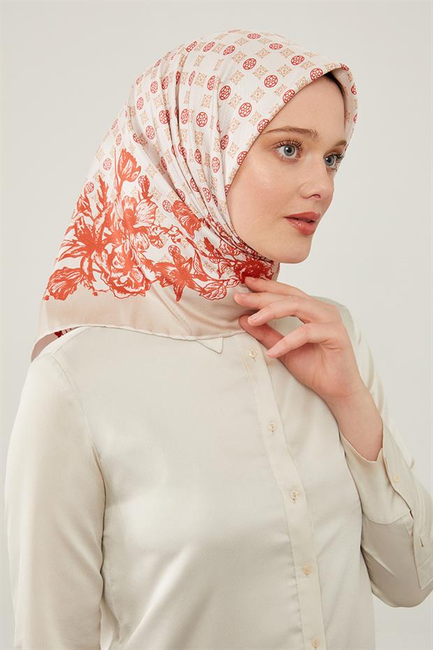 Krem Nostaljik Desen Trend Twill Eşarp