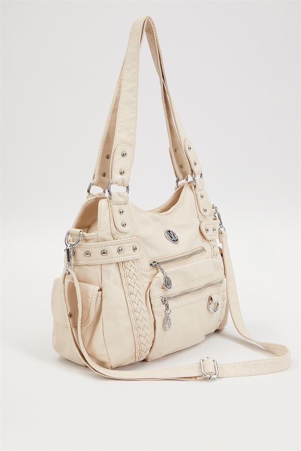 Krem Çok Bölmeli Örgü Detay Omuz Çantası