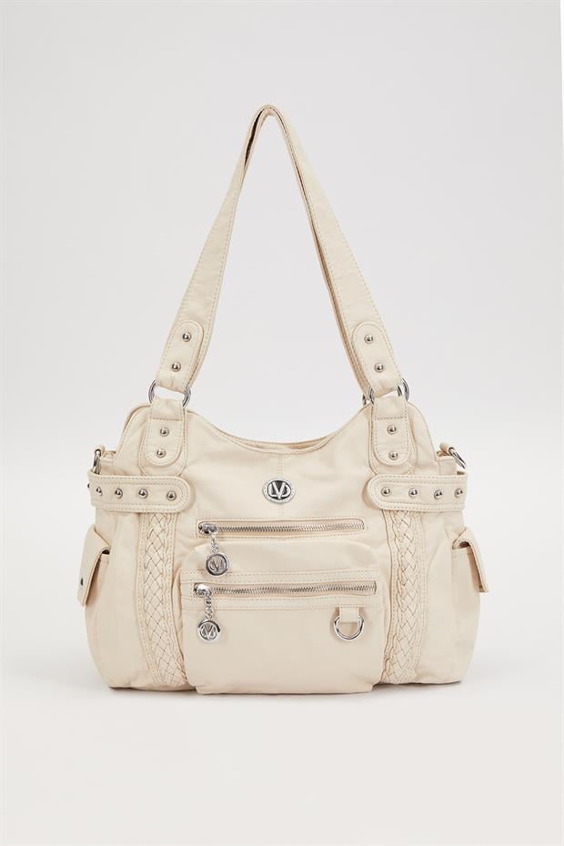 Krem Çok Bölmeli Örgü Detay Omuz Çantası