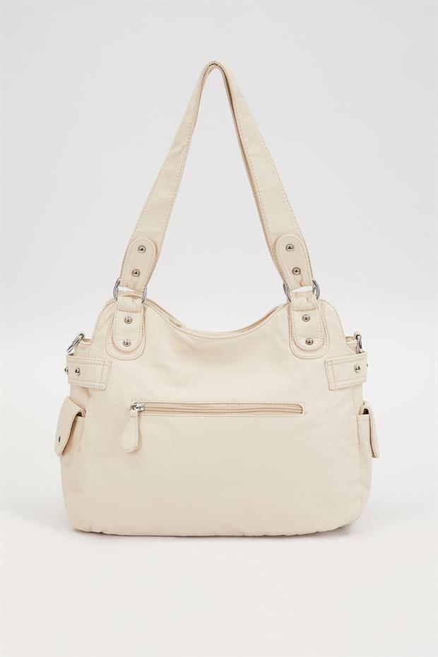 Krem Çok Bölmeli Örgü Detay Omuz Çantası