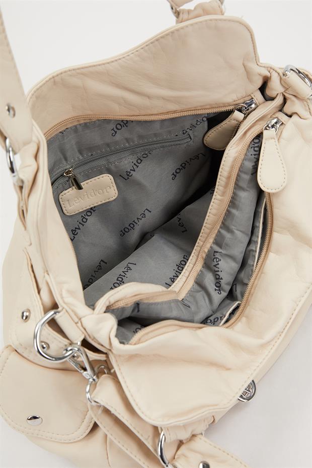 Krem Çok Bölmeli Örgü Detay Omuz Çantası