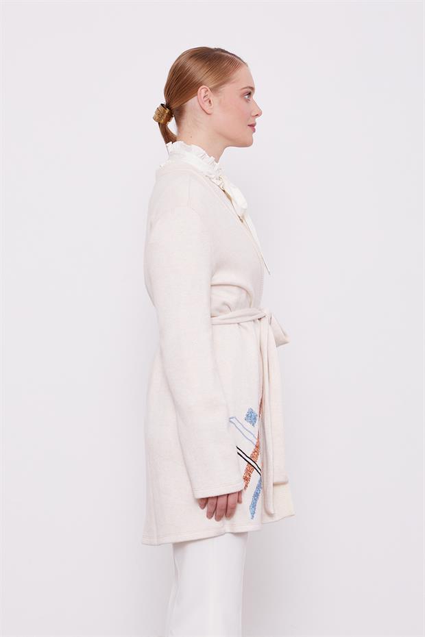 Krem Payet İşlemeli Kaşmir Hırka